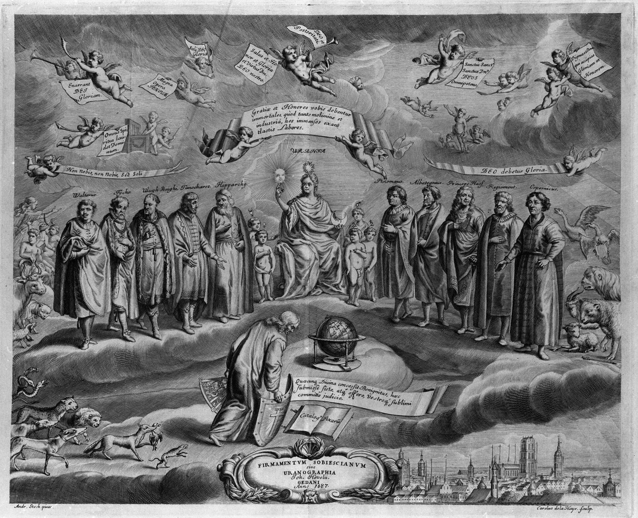 Słynni astronomowie. Wśród nich, od lewej do prawej: Walterus (?) , Tycho Brahe (Tyge Ottesen Brahe), znany jako Le noble Danish lub L
