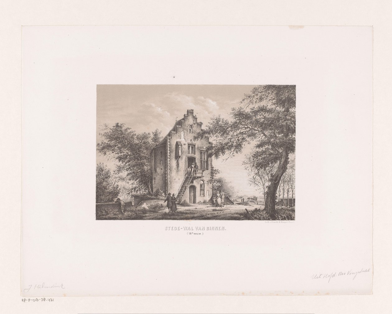 Dom na murze miejskim Mur miejski od strony wewnętrznej XVIII w. (tytuł na obiekcie) autorstwa Johannes Hilverdink (attributed to)
