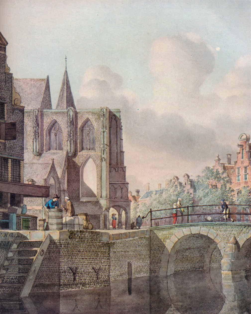 Scena rzeczna kontynentalna z mostem i kościołem, XVIII w. autorstwa Johannes Huibert Prins