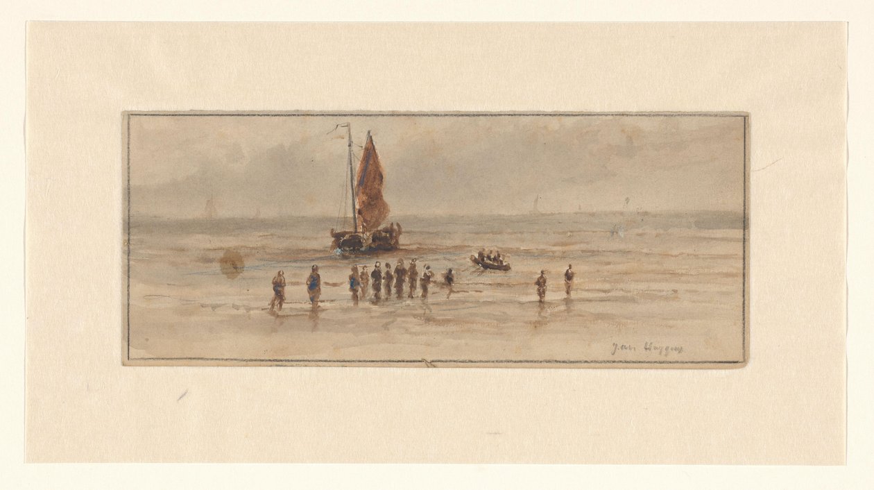 Scena na plaży z rybakami i żaglowcem autorstwa Johannes Huygens (signed by artist)