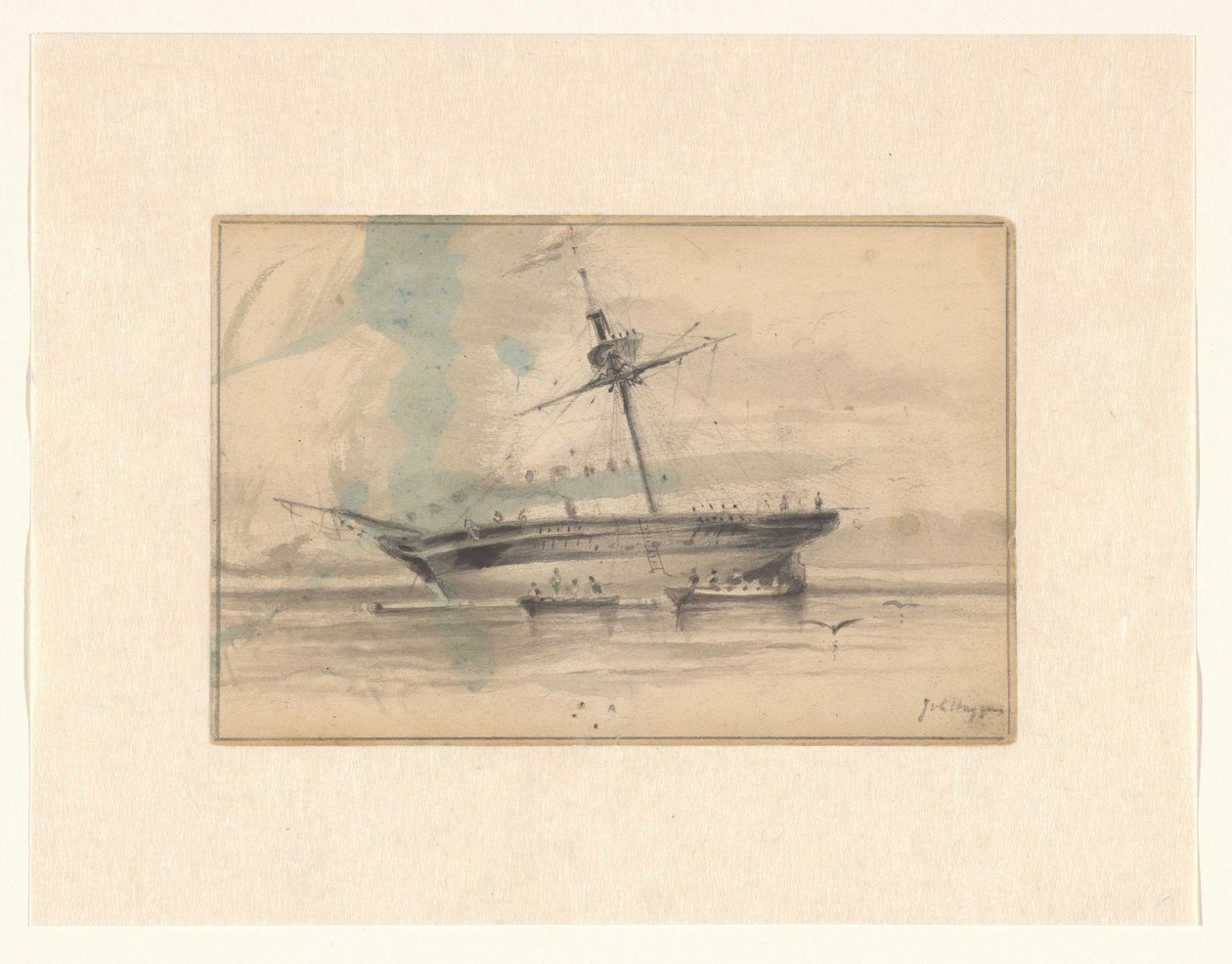 Żaglowiec z dwoma łodziami wiosłowymi autorstwa Johannes Huygens (signed by artist)