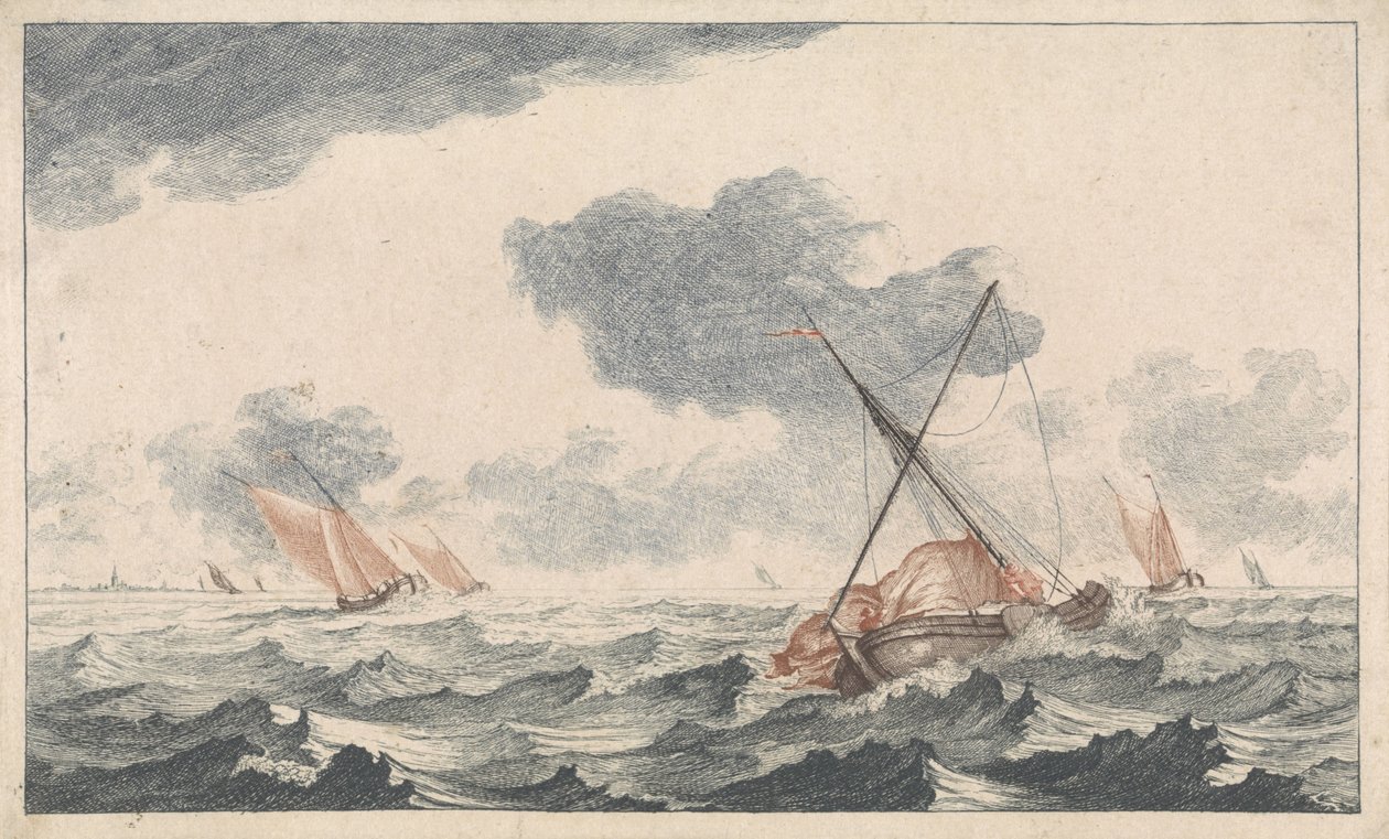 Prasowanie żagla Statki na morzu (seria A) (tytuł serii) autorstwa Johannes Jacobsz van den Aveele (attributed to)