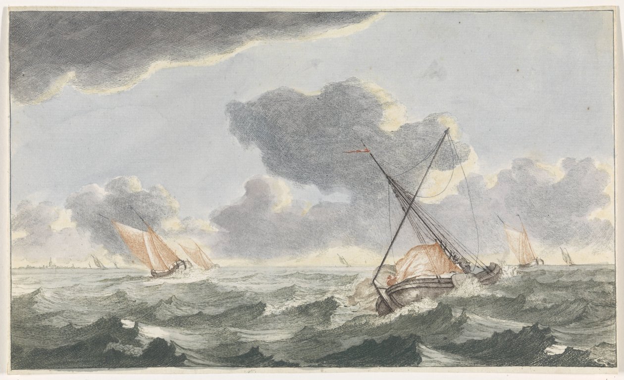 Prasowanie żagla Statki na morzu (seria A) (tytuł serii) autorstwa Johannes Jacobsz van den Aveele (attributed to)