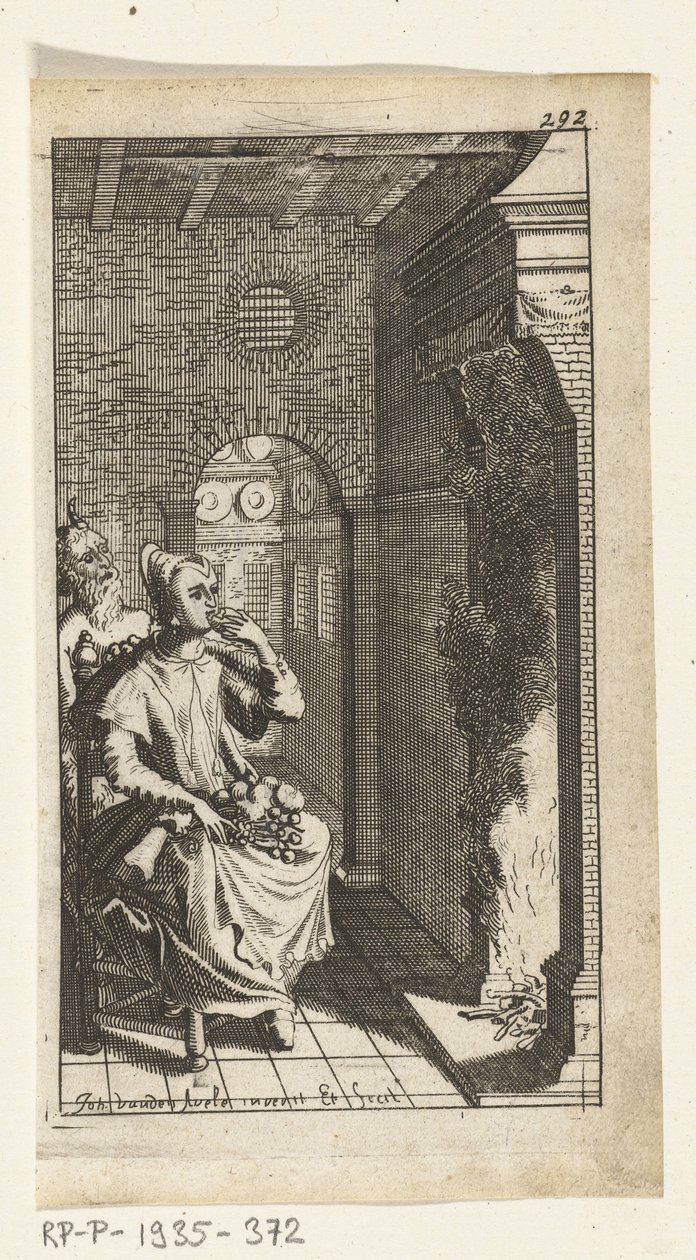 Miły diabeł Ilustracja książkowa dla Simona de Vries, Seven Duyvelen rządzący i służący w Hedendaeghsche Dienstmaegden, Amsterdam, 1682 autorstwa Johannes Jacobsz van den Aveele