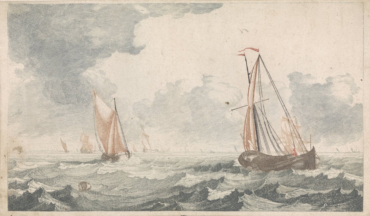 Dwie łodzie płaskodenne płynące do siebie Statki na morzu (seria A) (tytuł serii) autorstwa Johannes Jacobsz van den Aveele