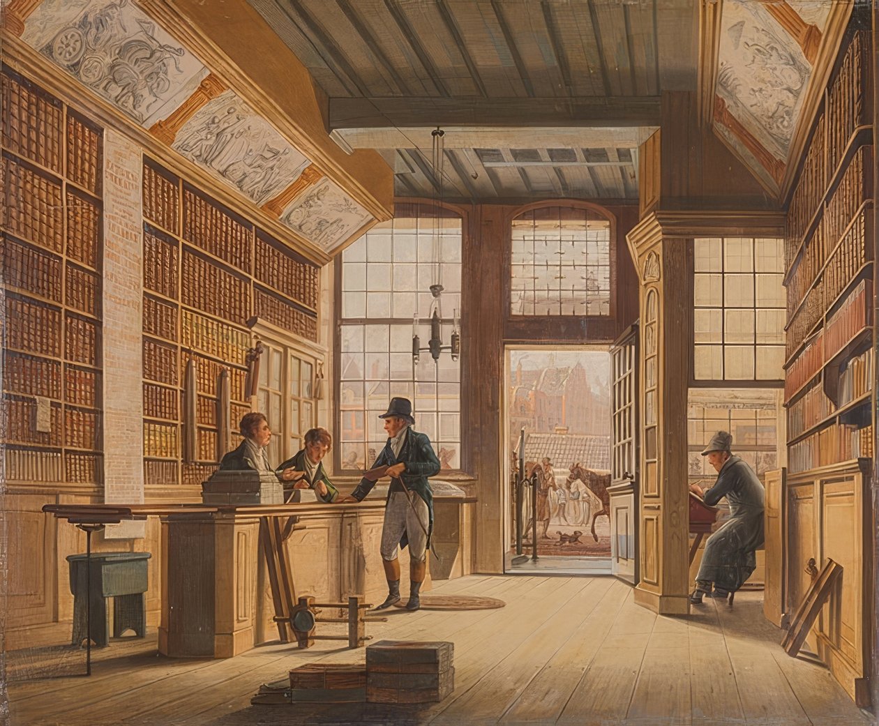 Der Laden des Buchhändlers Pieter Meijer Warnars am Vijgendam w Amsterdamie. 1820 autorstwa Johannes Jelgerhuis