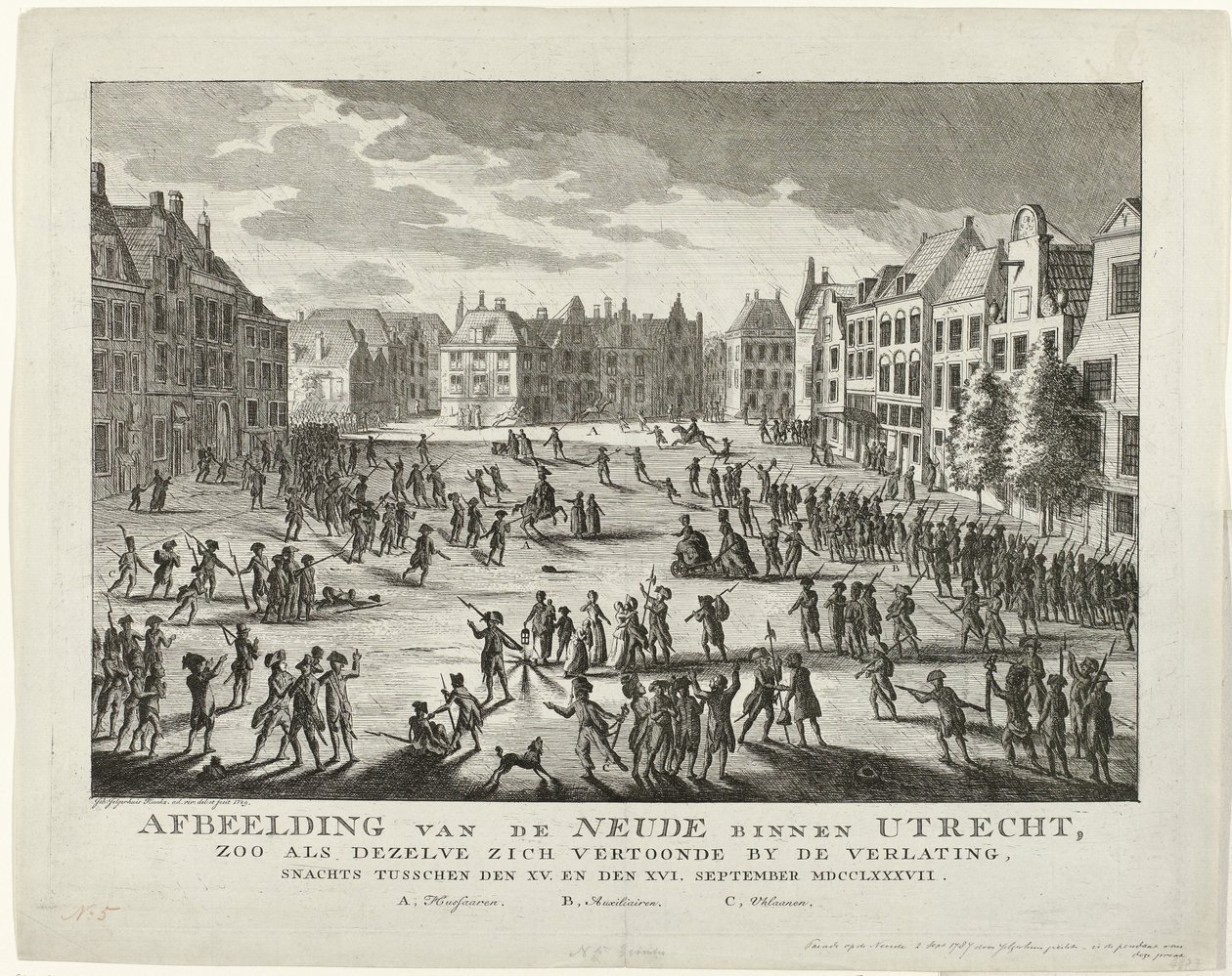 Patrioci opuszczają Neude w Utrechcie, 1787 Przedstawienie Neude w Utrechcie, tak jak wyglądało, gdy zostało opuszczone w nocy między XV. i XVI. Wrzesień MDCCLXXXVII (tytuł na obiekcie) autorstwa Johannes Jelgerhuis