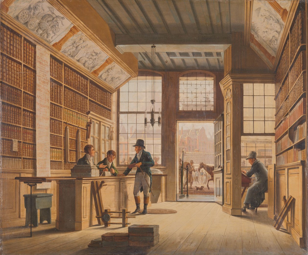 Sklep księgarza Pietera Meijera Warnarsa na Vijgendam w Amsterdamie Księgarnia Pietera Meijera Warnarsa (1792-1869) na Vijgendam, Amsterdam autorstwa Johannes Jelgerhuis