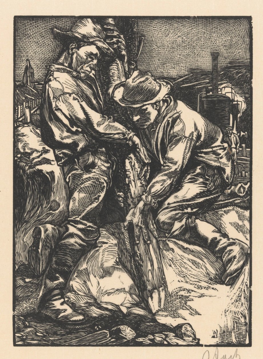 Pracownicy budowlani zajęci wbijaniem pali autorstwa Johannes Josephus Aarts (signed by artist)