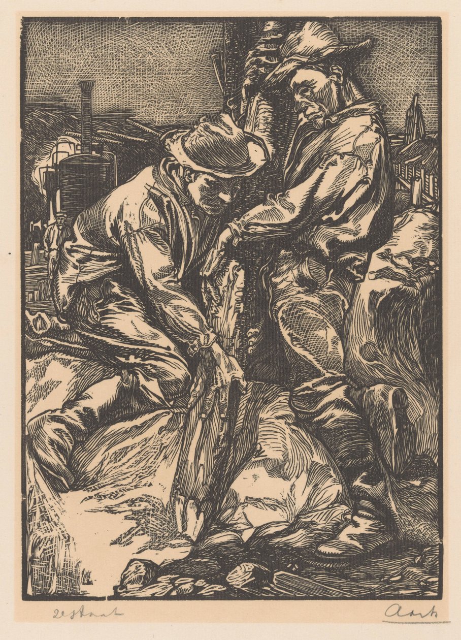 Pracownicy budowlani zajęci wbijaniem pali autorstwa Johannes Josephus Aarts (signed by artist)