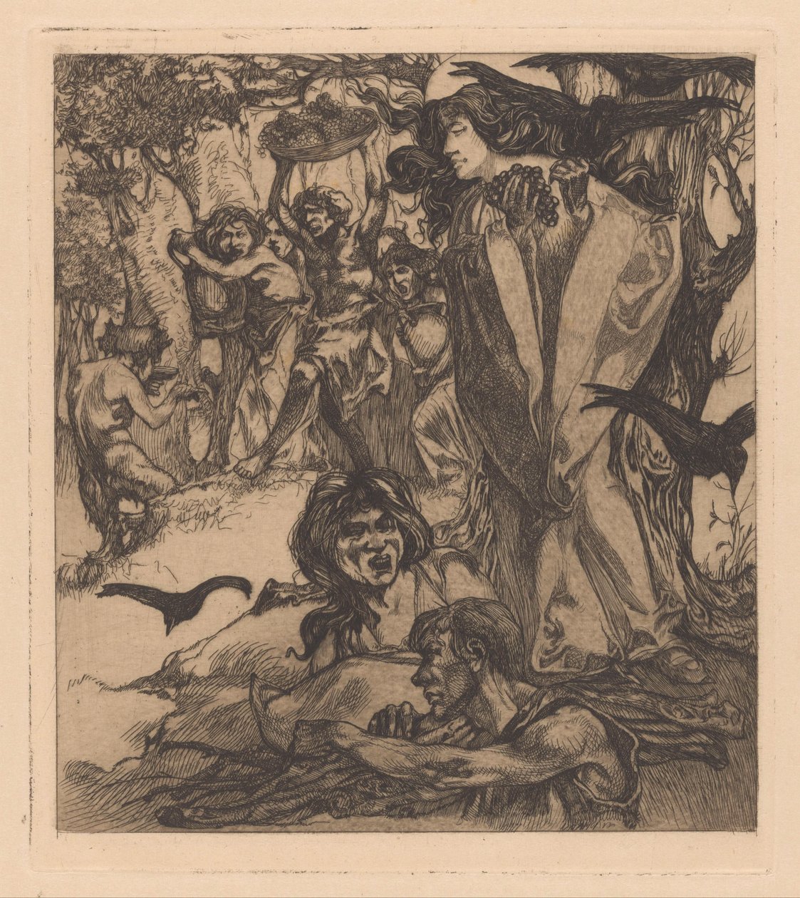 Zalesiony krajobraz z ludźmi, wronami i satyr autorstwa Johannes Josephus Aarts