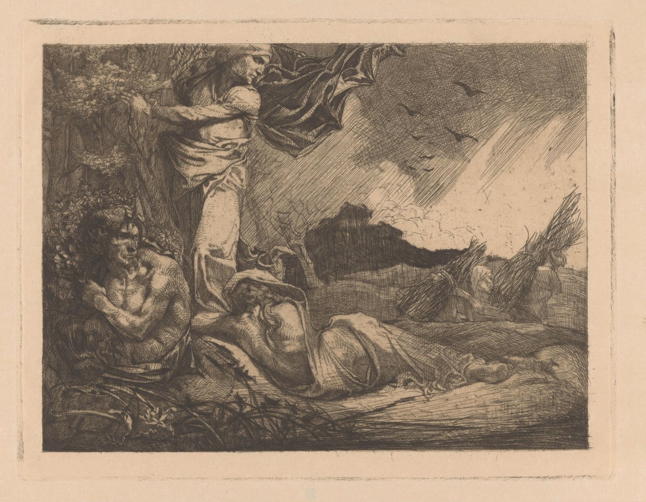 Krajobraz z polem pszenicy, żniwiarzami, satyrami i postaciami kobiecymi autorstwa Johannes Josephus Aarts