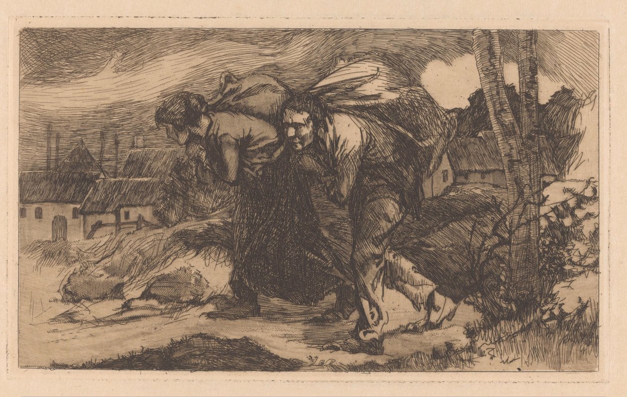 Mężczyzna i kobieta z torbą na plecach autorstwa Johannes Josephus Aarts