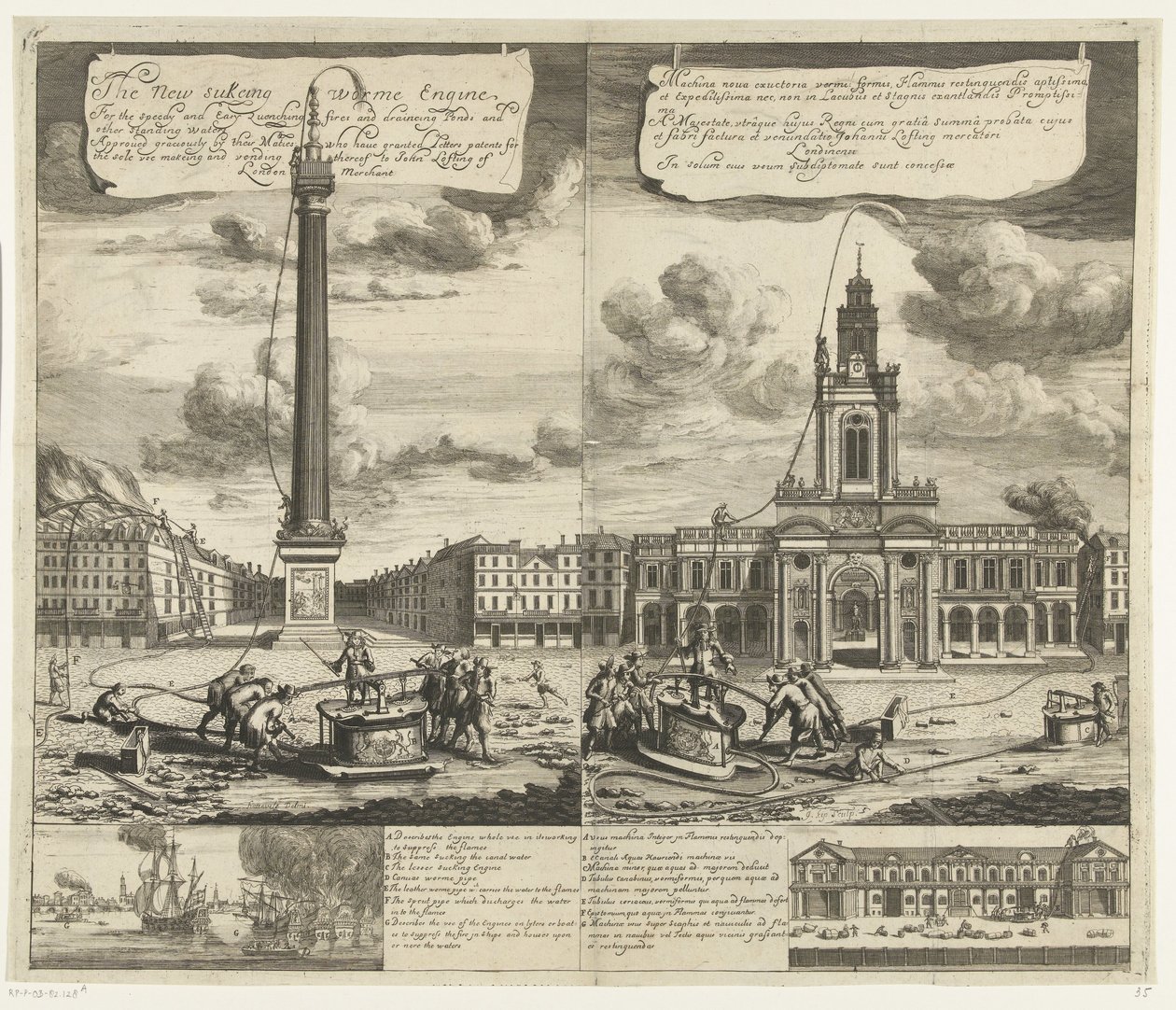Gebruik van de slangbrandspuiten w Londynie, ca. 1690-1700 Nowy silnik ssący robaka Do szybkiego i łatwego gaszenia pożarów i osuszania stawów i innych wód stojących (...) (tytuł na obiekcie) Machina nova exuctoria vermi: formis Flammis restinguendi autorstwa Johannes Kip