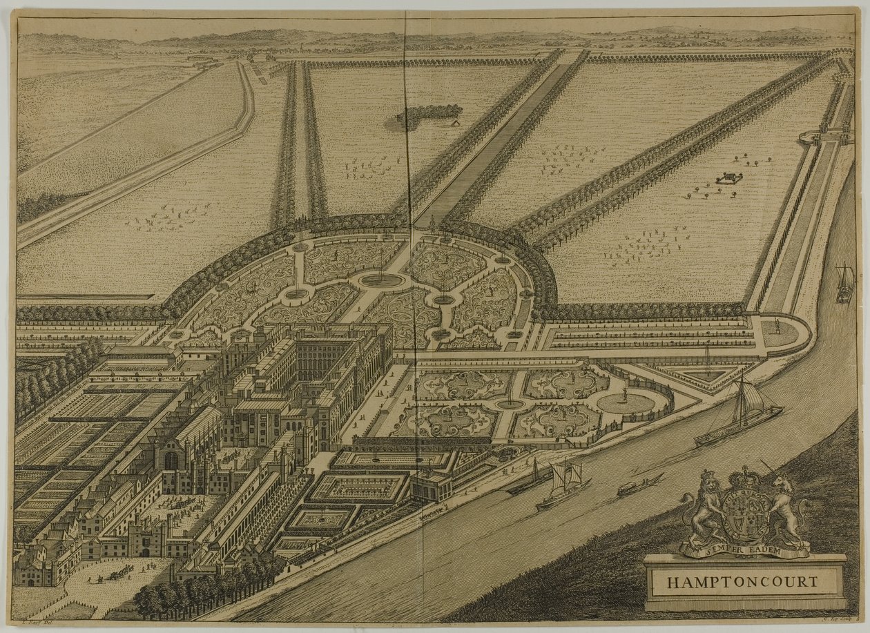 Hampton Court, płyta szósta z Britannia Illustrata autorstwa Johannes Kip