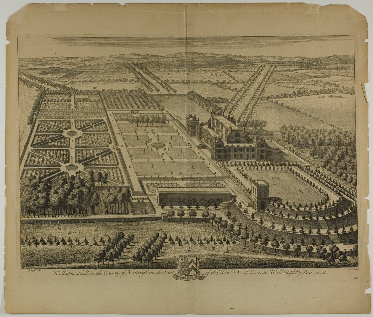 Wollaton Hall w hrabstwie Nottingham, tablica 68 z Britannia Illustrata autorstwa Johannes Kip