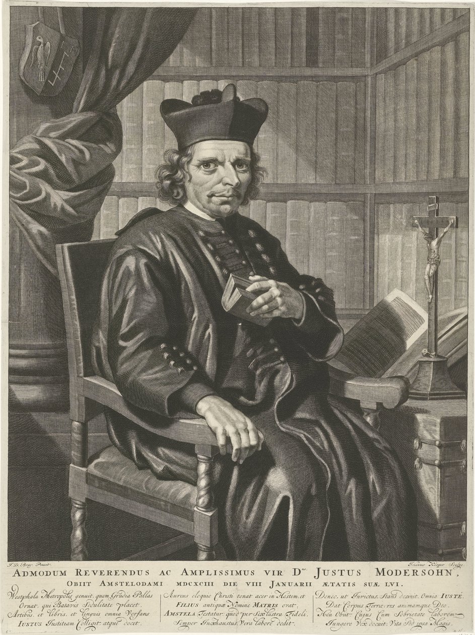 Portret van de pastora Justusa Modersohna Prawy Wielebny i Wielki Człowiek Pan Justus Modersohn, zmarł w Amsterdamie 1693 8 stycznia w wieku 15 lat (tytuł na obiekcie) autorstwa Johannes Klopper