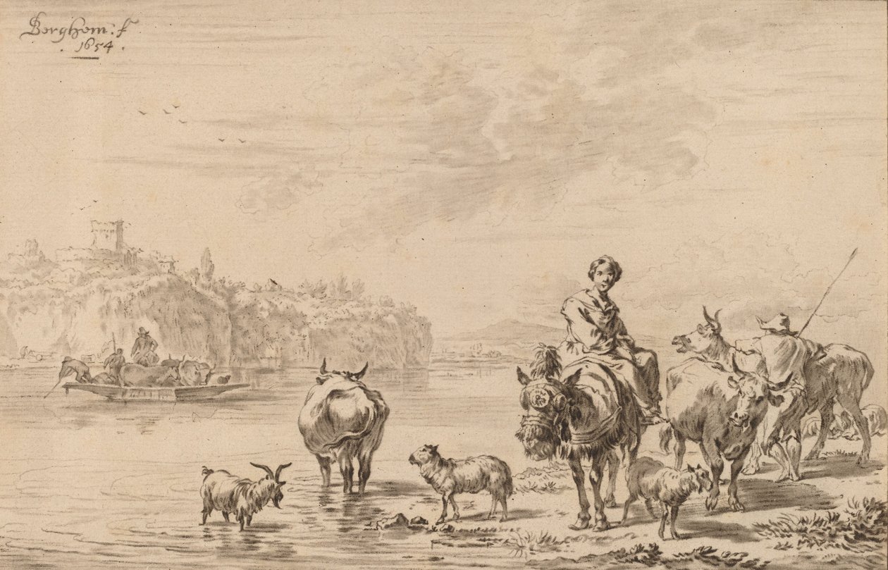 Kobieta siedząca na mule, 1769. autorstwa Johannes Kornlein