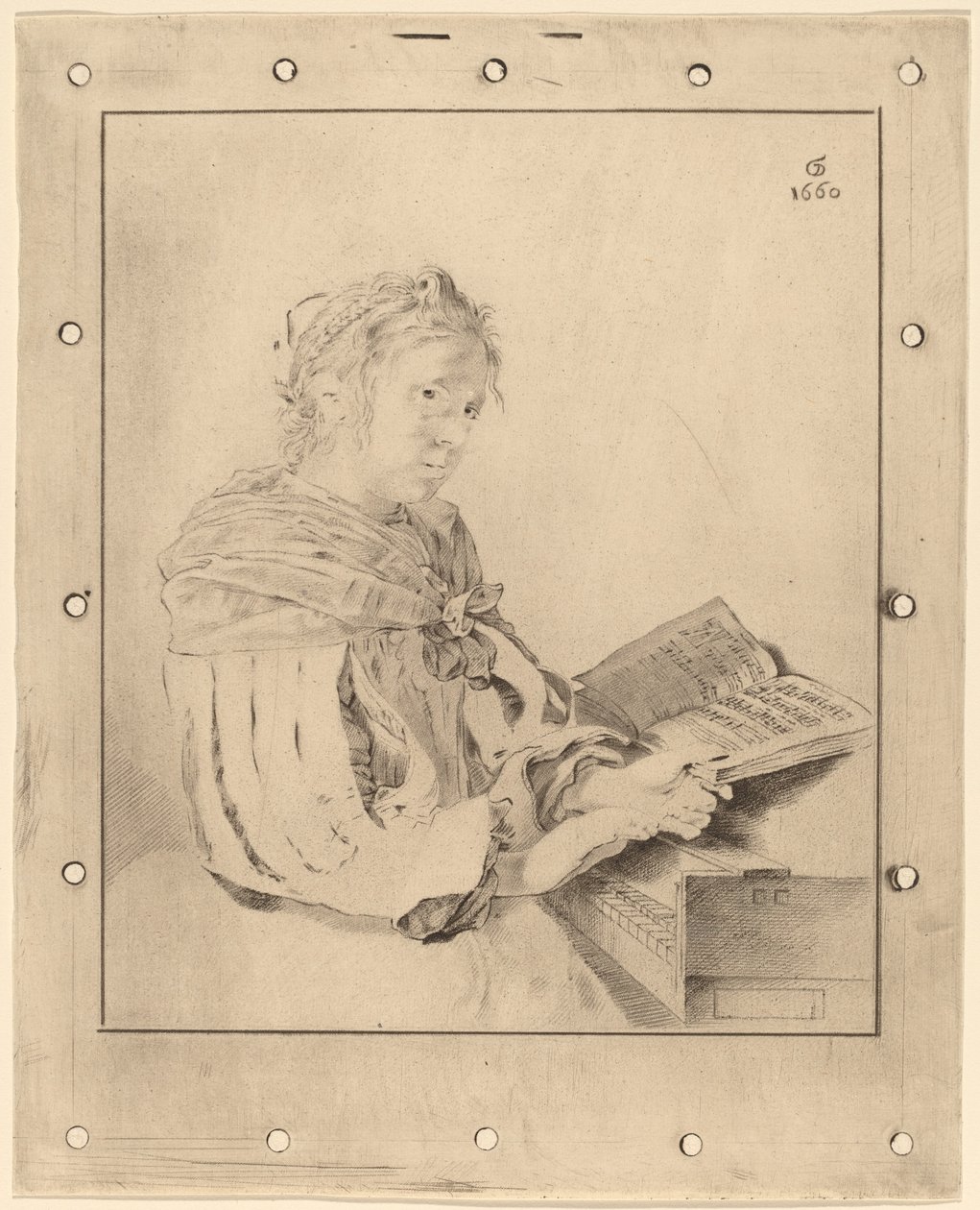 Młoda dziewczyna przy klawiaturze, 1767. autorstwa Johannes Kornlein