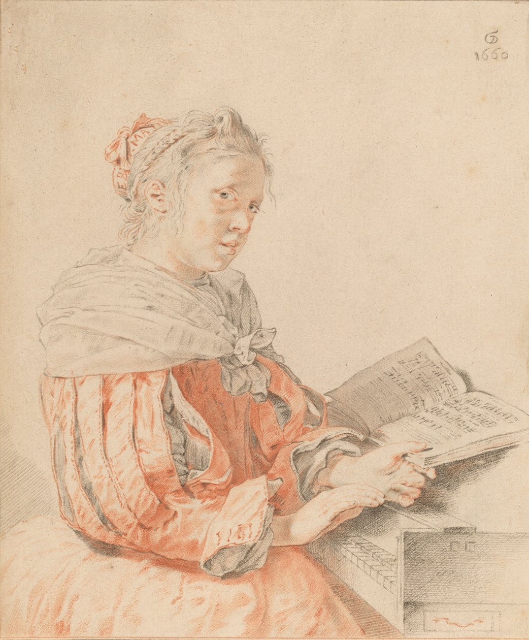 Młoda dziewczyna przy klawiaturze, 1767. autorstwa Johannes Kornlein