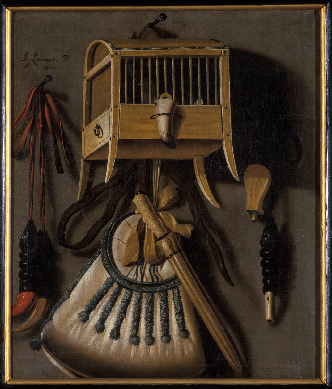 Martwa natura ze sprzętem do łapania ptaków, 1660 autorstwa Johannes Leemans