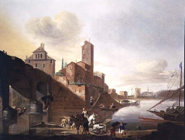 Widok na Ponte Molle w Rzymie autorstwa Johannes Lingelbach