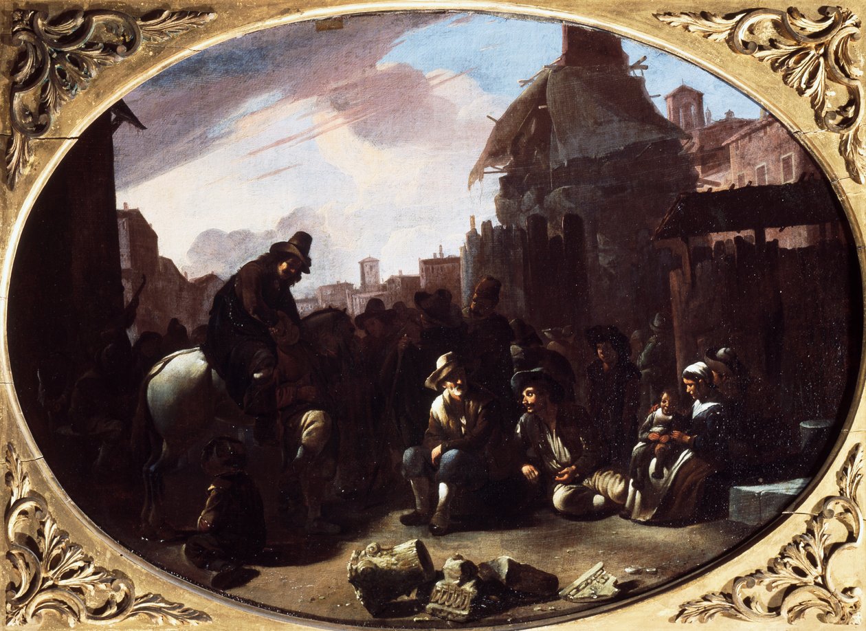 Bambocciata, Wyciągacz zębów na Piazza Navona (olej na płótnie) autorstwa Johannes Lingelbach
