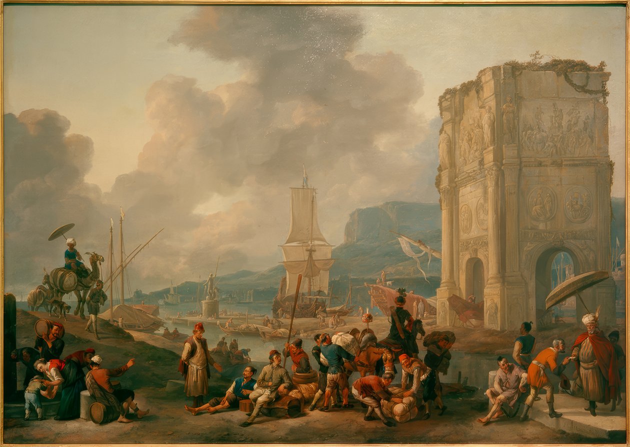 Capriccio włoskiego portu z Łukiem Konstantyna autorstwa Johannes Lingelbach