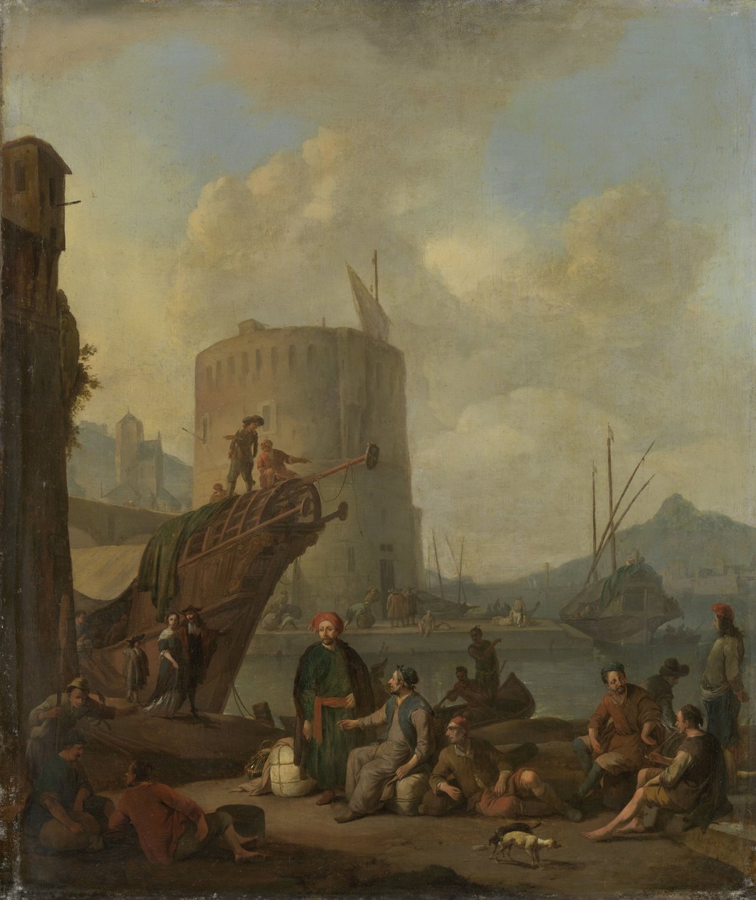 Włoski port z wieżą obronną autorstwa Johannes Lingelbach