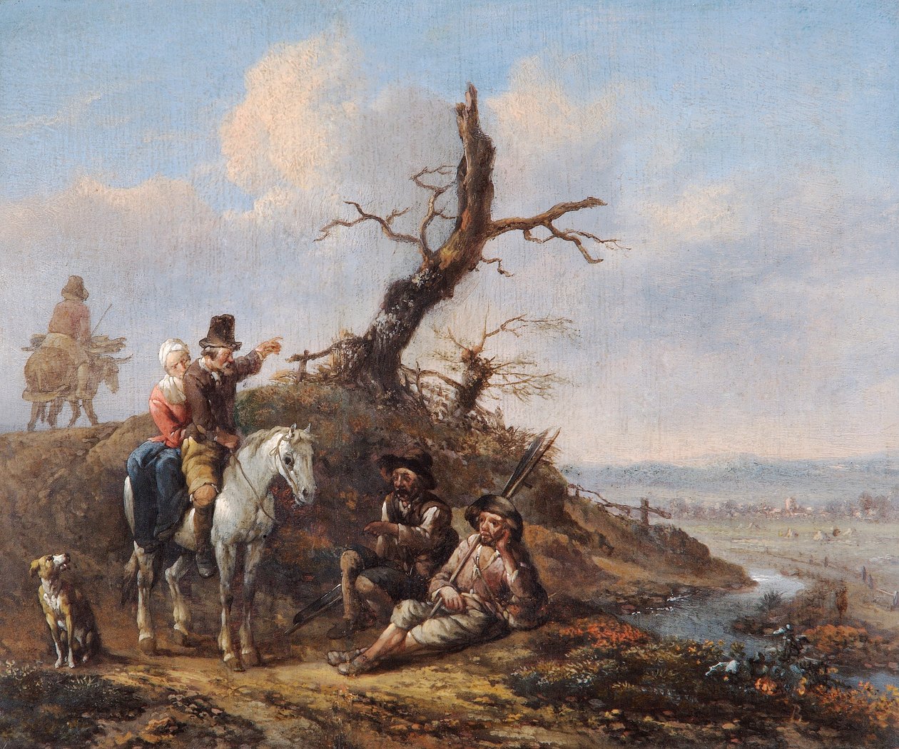 „Krajobraz z odpoczywającymi podróżnikami i parą na koniu”, XVII w. autorstwa Johannes Lingelbach