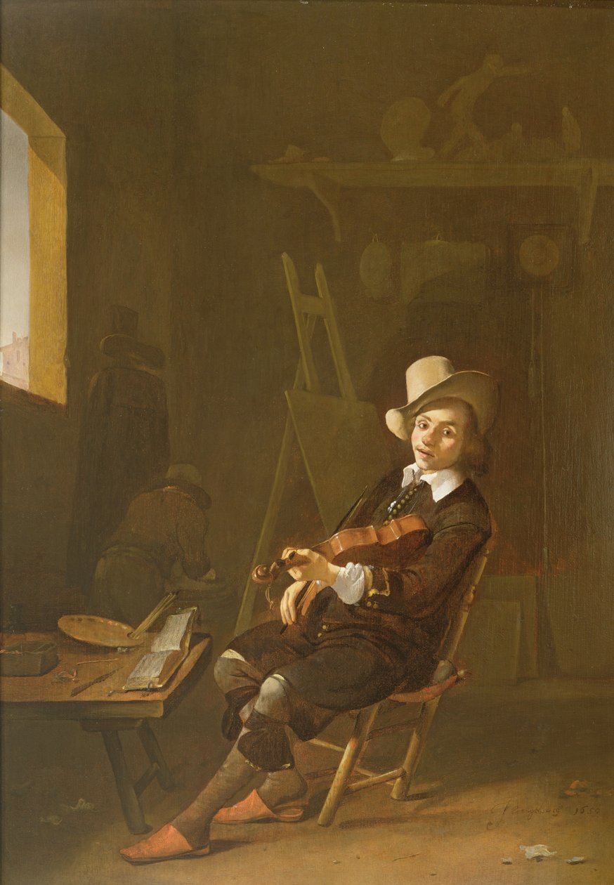 Хийл хөгжим тоглож буй зураачийн өөрийн хөрөг зураг autorstwa Johannes Lingelbach