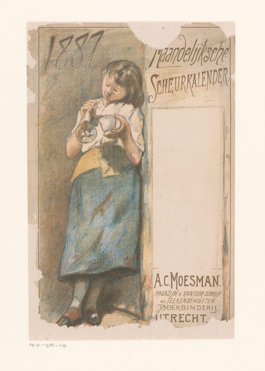 Oderwany kalendarz z dziewczyną dmuchającą bańki Miesięczny kalendarz do odrywania 1887 (tytuł na przedmiocie) autorstwa Johannes Moesman