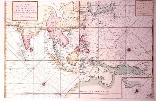 Wykres przybrzeżny rozciągający się od północno-zachodnich Indii do północnej Australii przez Japonię i Filipiny, c.1700 (kolorowe grawerowanie) autorstwa Johannes and Mortier Cornelis Covens