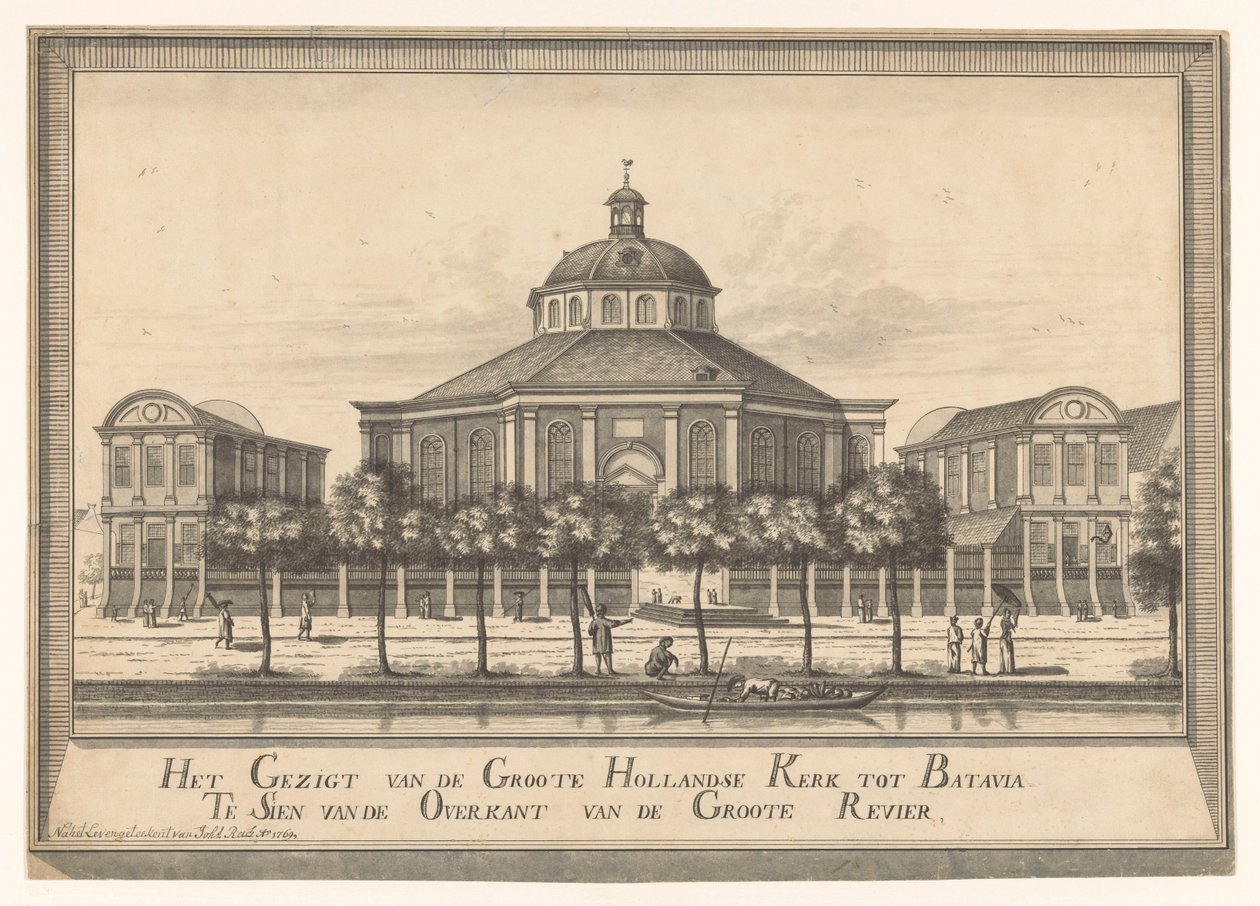 Widok na Nowy Holenderski Kościół Batavia Widok z Groote Hollandse Kerk do Batavia Te Sien z drugiej strony Groote Revier (tytuł na obiekcie) autorstwa Johannes Rach