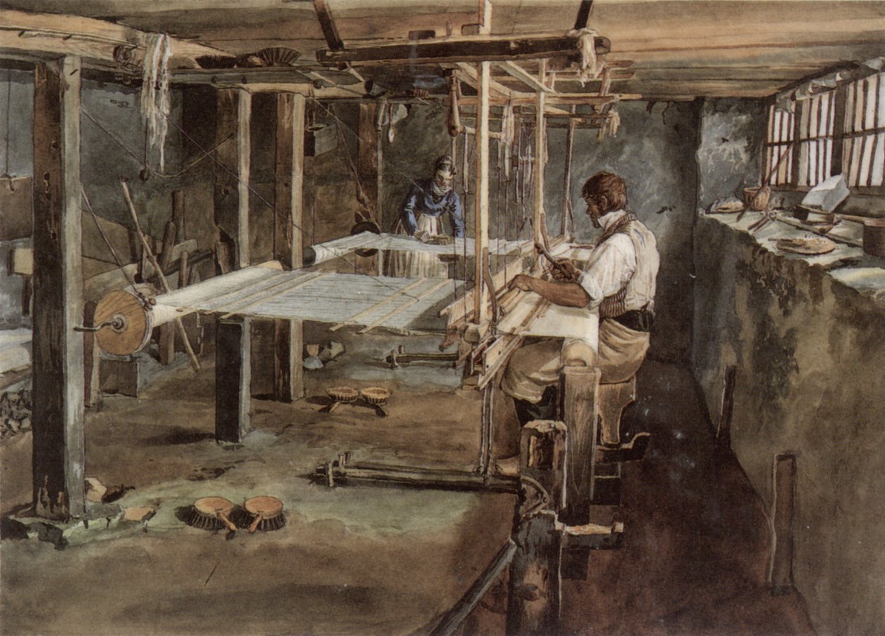 Para tkaczy z Appenzell przy pracy na krośnie ręcznym, około 1830 r autorstwa Johannes Schiess