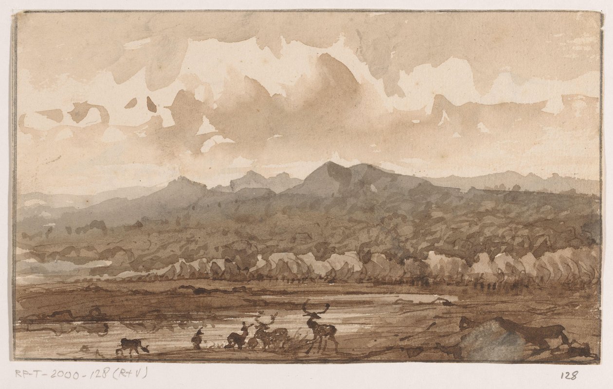 Górski krajobraz z jeleniem autorstwa Johannes Tavenraat (signed by artist)