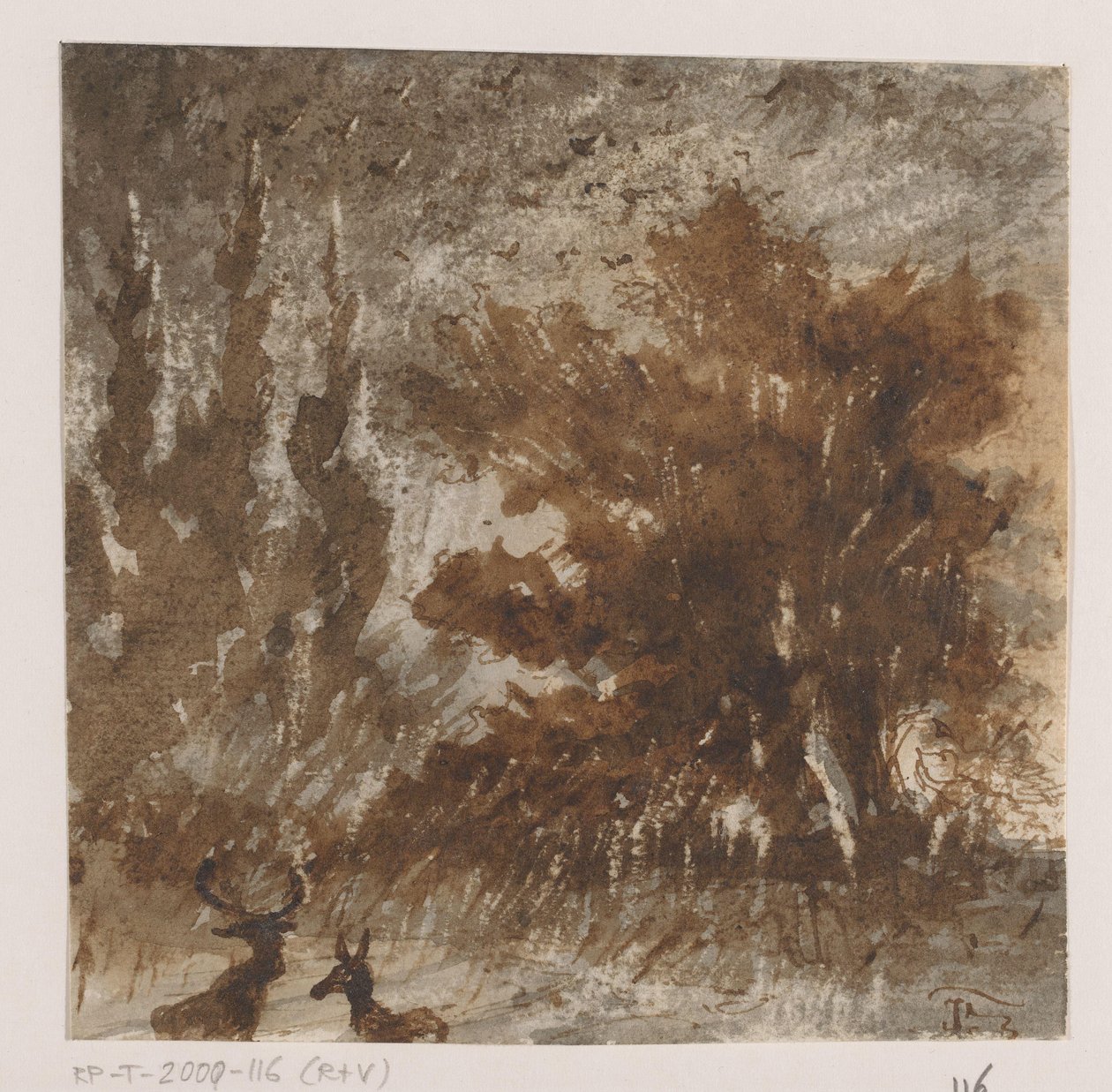 Jelenie i ptaki w pobliżu wysokich drzew autorstwa Johannes Tavenraat (signed by artist)