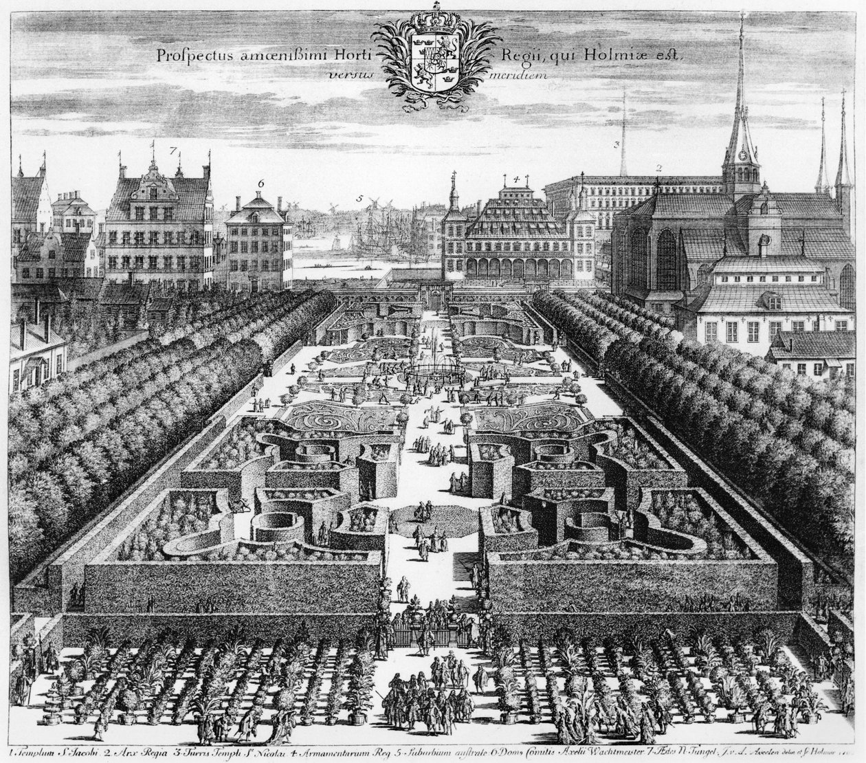Królewski ogród w Sztokholmie, ilustracja z "Suecia Antiqua et Hodierna", koniec XVII w. autorstwa Johannes Van den Aveele
