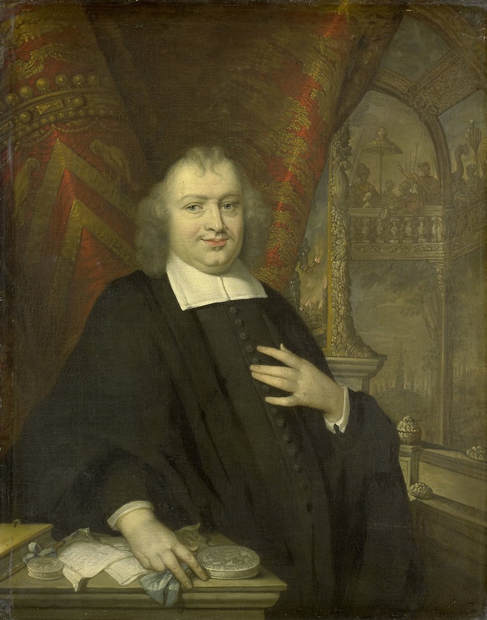 Portret Gaspara Fagla, Wielkiego Emeryta Holenderskiego po 1672 r. w tle Sala Posiedzeń Stanów Holandii w Binnenhof w Hadze autorstwa Johannes Vollevens (I) (copy after)