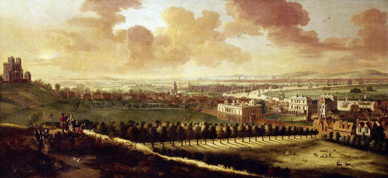 Widok na Greenwich i Londyn (Anglia), około 1680 r., z Królewskim Obserwatorium po lewej stronie, w centrum Dom Królowej i jelenie ryczące swobodnie w parku autorstwa Johannes Vorsterman