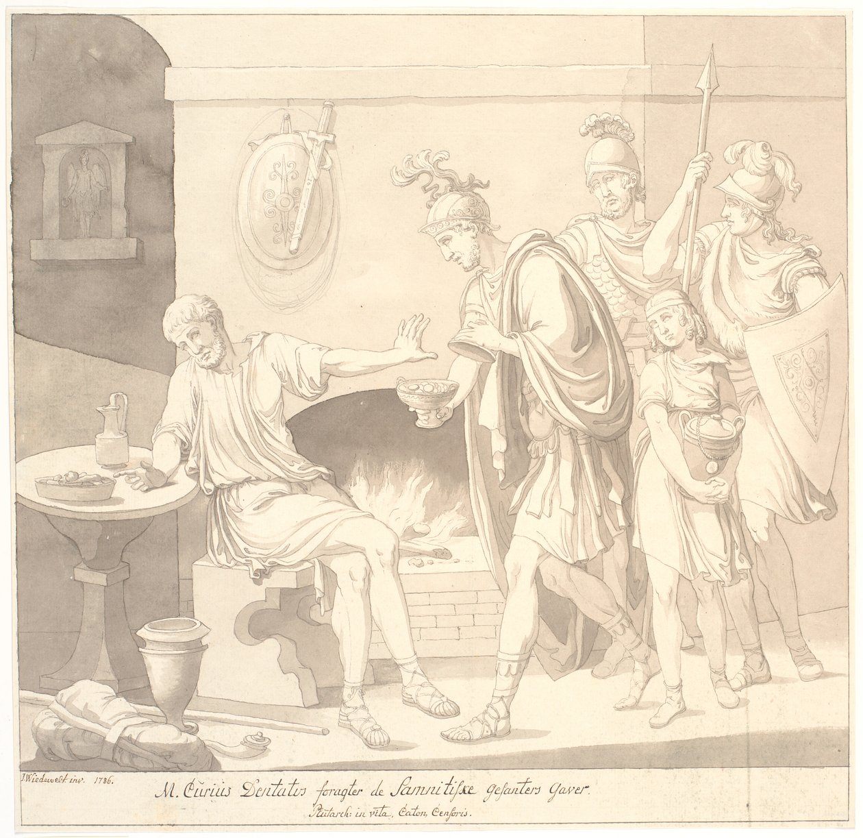 „M. Curius Dantatus foragter de Samnitiske Gesanters Gaver./ Plutach: in vita. Katon cenzor”. autorstwa Johannes Wiedewelt