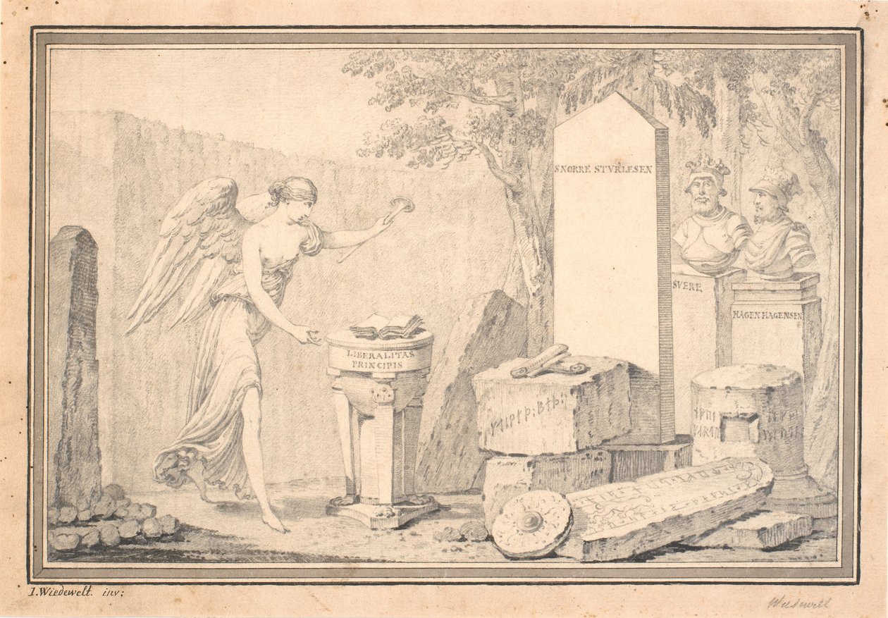 Winieta tytułowa do Snorriego Sturlesona (red. G. Schiøning): Heimskringla, t. I, 1778 autorstwa Johannes Wiedewelt