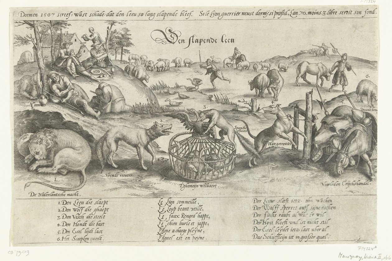 Śpiący lew, 1567 Śpiący lew (tytuł na obiekcie) Cztery alegorie wydarzeń z lat 1576-1579 w Holandii (tytuł serii) autorstwa Johannes Wierix (attributed to)
