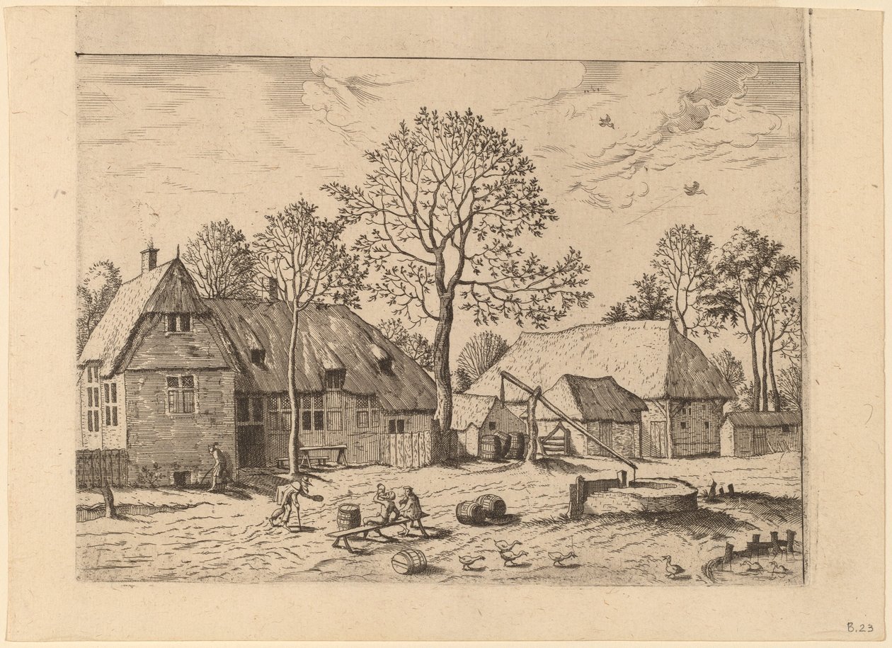 Farmy ze studnią rysunkową autorstwa Johannes and Lucas van Doetechum after Master of the Small Landscapes