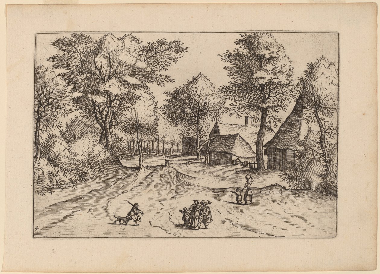 Wiejska droga z farmą i szopami autorstwa Johannes and Lucas van Doetechum after Master of the Small Landscapes