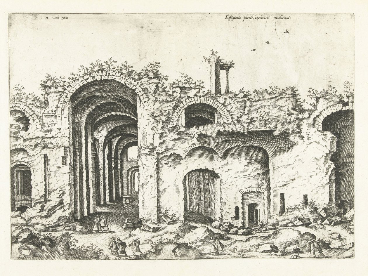 Trzeci widok Łaźni Dioklecjana Ruiny rzymskie, 1561 (tytuł serii) autorstwa Johannes of Lucas van Doetechum (attributed to)