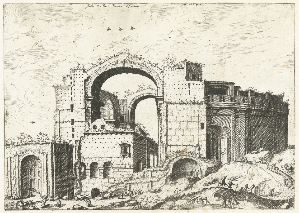 Gezicht op de Sint Pieter w Rzymie Deformacja Aedis D. Peter Romana (tytuł na obiekcie) Ruiny rzymskie, 1561 (tytuł serii) autorstwa Johannes of Lucas van Doetechum (attributed to)