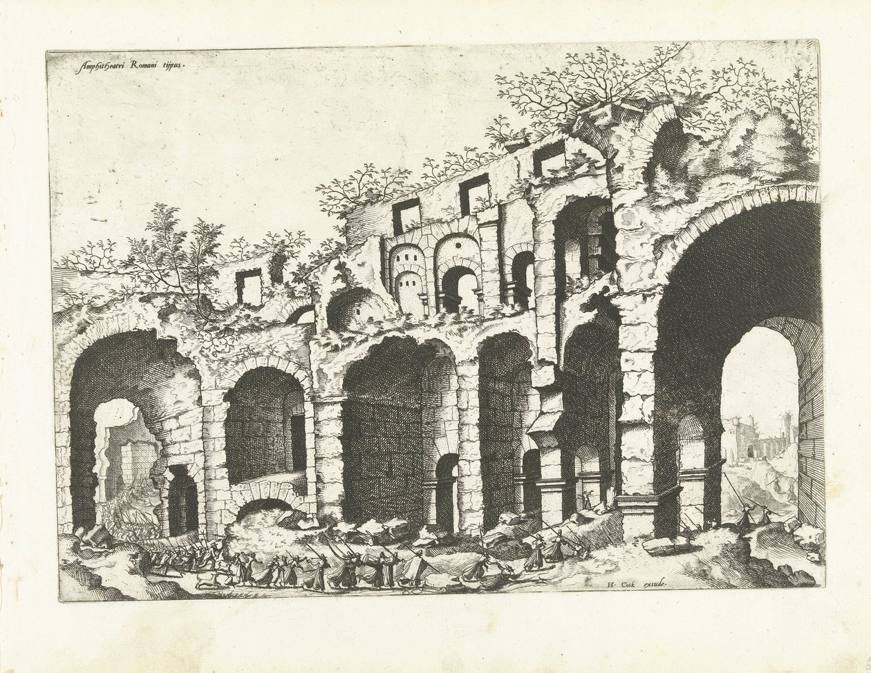 Widok amfiteatru prawdopodobnie Koloseum Ruiny rzymskie, 1561 (tytuł serii) autorstwa Johannes of Lucas van Doetechum (attributed to)