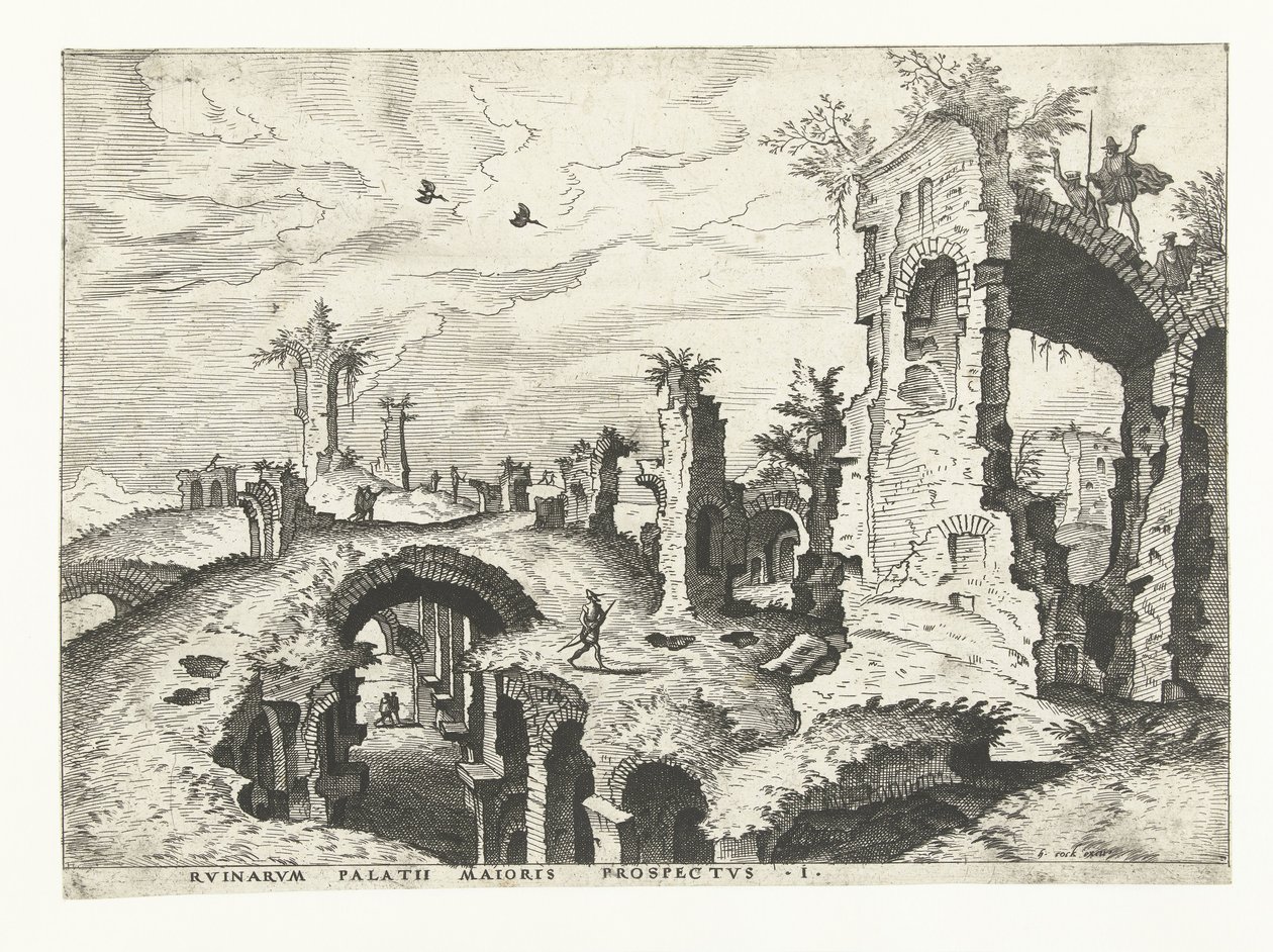 Widok ruin na Palatynie w Rzymie Ruiny rzymskie, 1561 (tytuł serii) autorstwa Johannes of Lucas van Doetechum (attributed to)