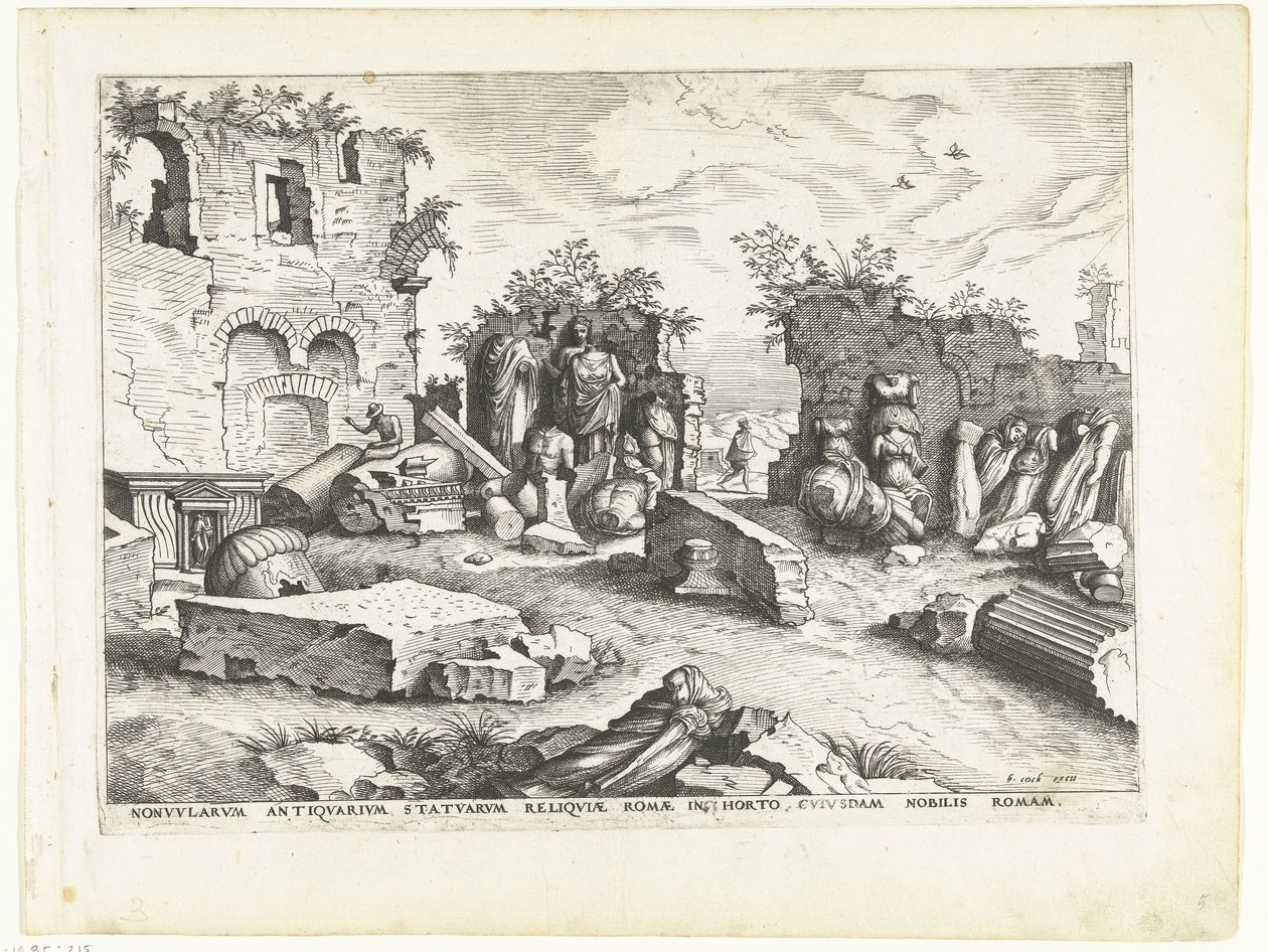 Ogród z fragmentami antycznych posągów Ruiny rzymskie, 1561 (tytuł serii) autorstwa Johannes of Lucas van Doetechum (attributed to)